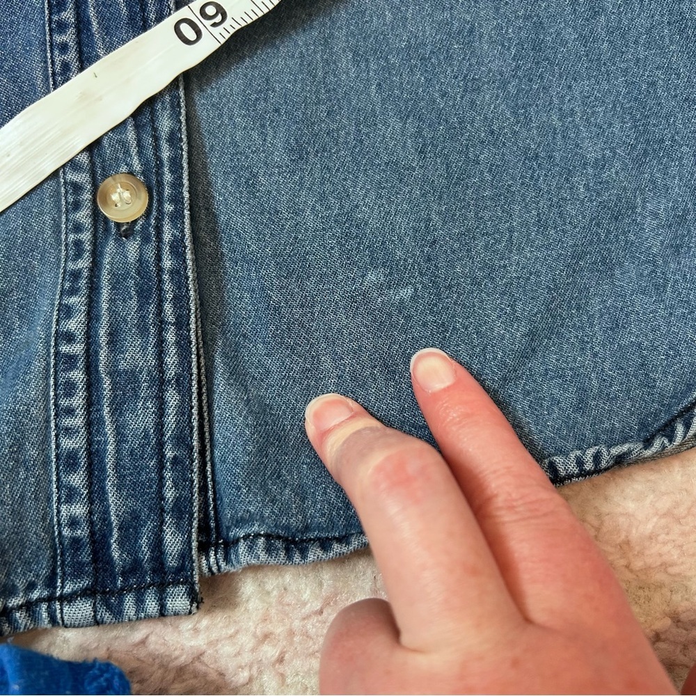 VNTG 90's Fall Harvest Embroidered Chambray Denim Shirt Cotton Size PETITE Large - Picture 15 of 16